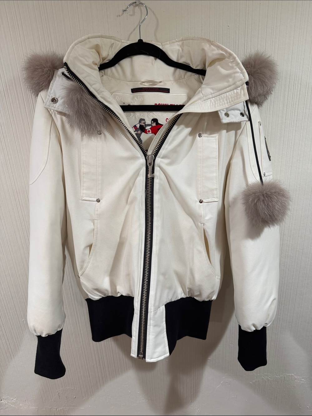 Moose Knuckles Cream Bomber Jacket with Taupe Fur Accents